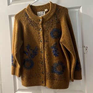 Anthropologie Mustard and Navy Embroidered Cardigan